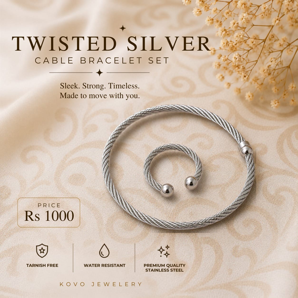 Twisted Silver Cable Bracelet & Ring Set